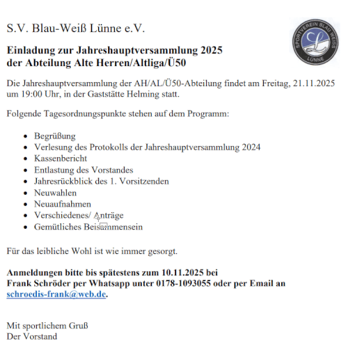 Jahreshauptversammlung 2025 der Abteilung Alte Herren/Altliga/Ü50