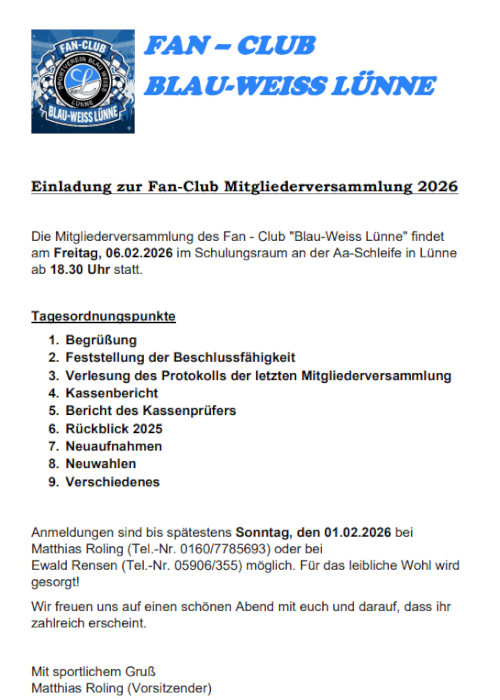 Einladung zur Fan-Club Mitgliederversammlung 2026